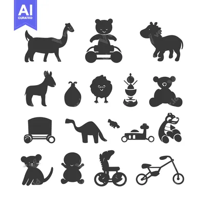 Aset premium populer: A Collection of Black Silhouettes of Toys and Animals