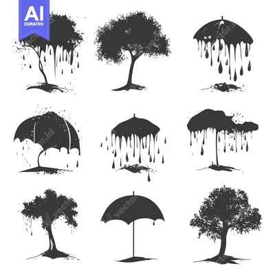 Aset premium populer: A collection of black silhouettes of trees and umbrellas dripping with