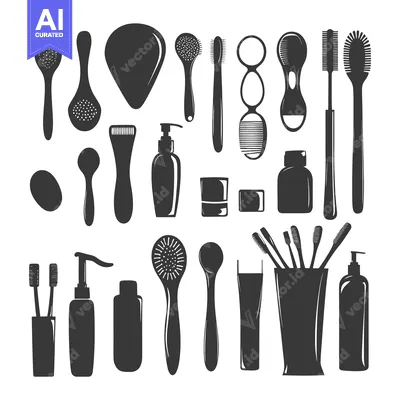 A Collection of Black Silhouettes of Various Bathroom and Beauty Produ