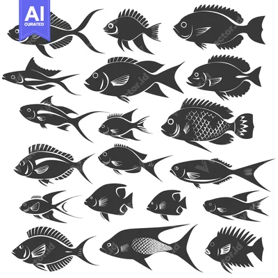 Aset premium populer: A Collection of Black Silhouettes of Various Fish Species