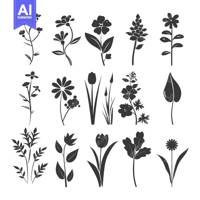 A Collection of Black Silhouettes of Various Flower and Plant Species
