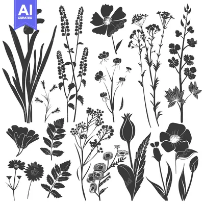 Aset premium populer: A Collection of Black Silhouettes of Various Flowers and Plants