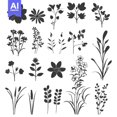Aset desain premium: A Collection of Black Silhouettes of Various Flowers and Plants