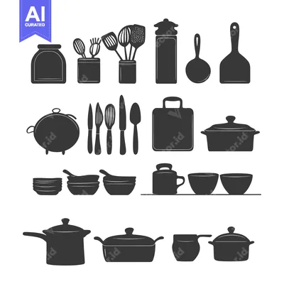 Aset premium populer: A Collection of Black Silhouettes of Various Kitchen Utensils and Dish