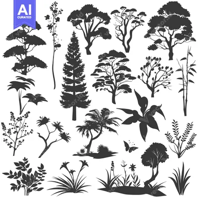 Aset premium populer: A Collection of Black Silhouettes of Various Trees, Plants, and Flower