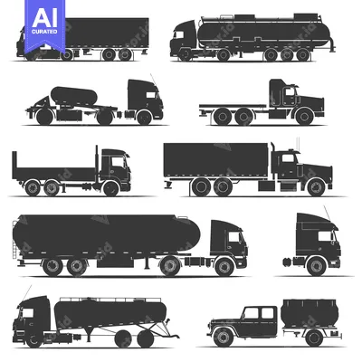Aset desain premium: A Collection of Black Silhouettes of Various Trucks and Trailers
