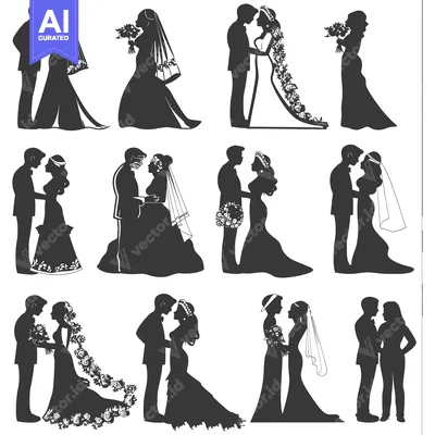 Aset premium populer: A collection of black silhouettes of wedding couples in different pose