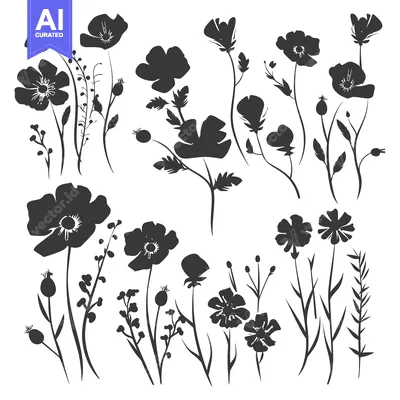 Aset premium populer: A Collection of Black Silhouettes of Wildflowers and Grasses
