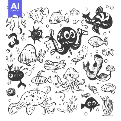Aset premium populer: A Collection of Cartoon Sea Creatures and Fish