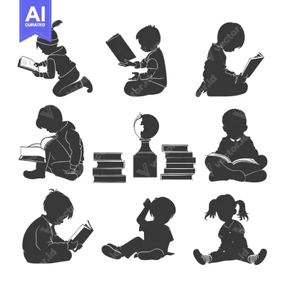 Aset desain premium: A Collection of Children's Silhouettes Reading Books
