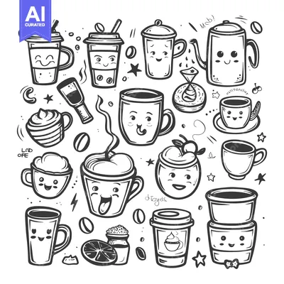 A Collection of Cute Cartoon Coffee and Tea Cups with Smiling Faces