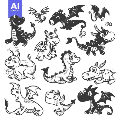 Aset premium populer: A Collection of Cute Cartoon Dragons in Various Poses