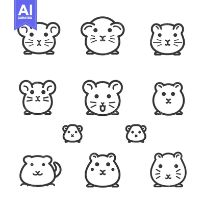 Aset desain premium: A Collection of Cute Hamster Icons in Black and White Outline Style