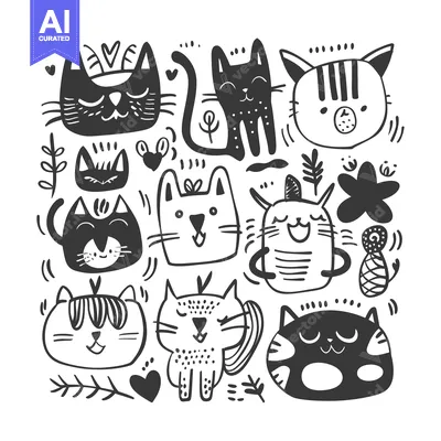 Premium design asset: A Collection of Cute Hand-Drawn Black and White Cats with Various Expr