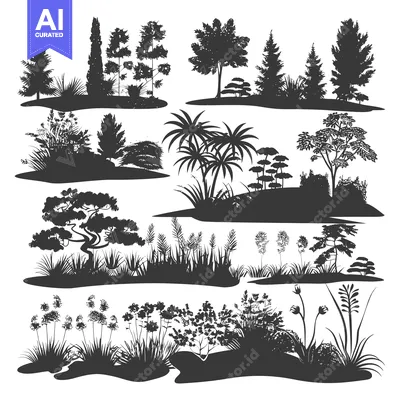 A Collection of Detailed Black Silhouettes of Various Trees, Plants, a