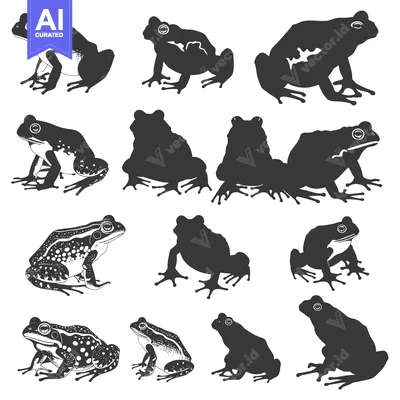 Aset premium populer: A Collection of Detailed Frog Silhouettes in Various Poses
