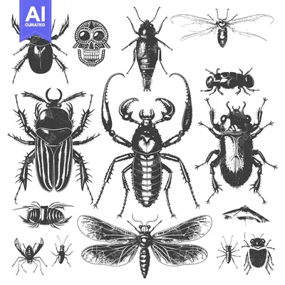 Aset premium populer: A Collection of Detailed Ink Drawings of Insects