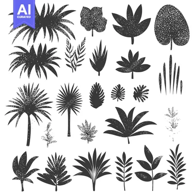 Aset desain premium: A Collection of Distressed Tropical Leaf Silhouettes