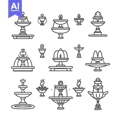 Aset desain premium: A Collection of Diverse Fountain Designs in Line Art Style
