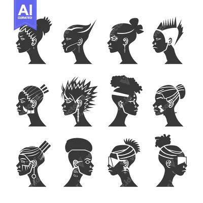Aset premium populer: A Collection of Diverse Hairstyles and Facial Designs on Black Silhoue