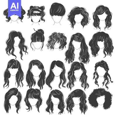 Aset desain premium: A Collection of Diverse Hairstyles for Women, Depicted in Black and Wh