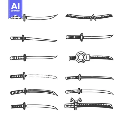 Aset desain premium: A Collection of Diverse Japanese Swords in Black and White