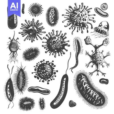 A Collection of Diverse Microorganisms, Hand-Drawn in Black and White