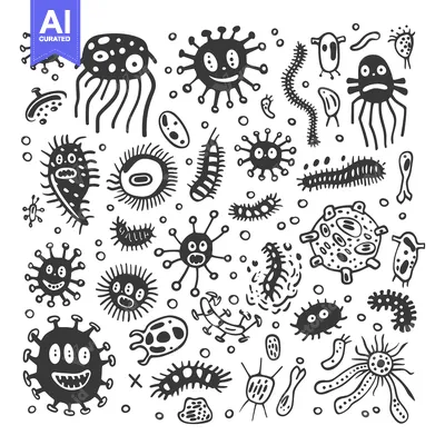 Aset desain premium: A Collection of Doodle-Style Microorganisms