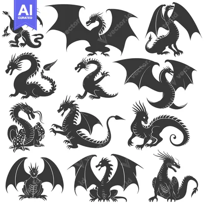 Aset desain premium: A Collection of Dragon Silhouettes in Various Poses