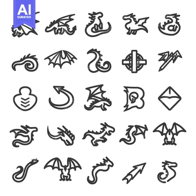 Aset desain premium: A Collection of Dragon-Themed Line Art Illustrations