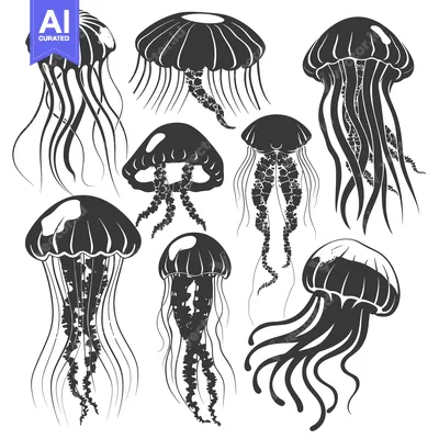 Aset premium populer: A Collection of  Eight Stylized Black and White Jellyfish Illustration