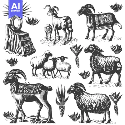 Aset premium populer: A Collection of Engraved Sheep and Goats with Geometric Patterns