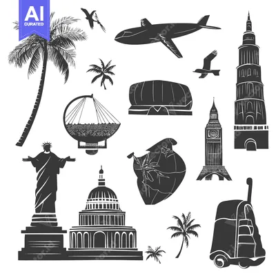 A Collection of Famous Landmarks and Travel Icons in Black Silhouette