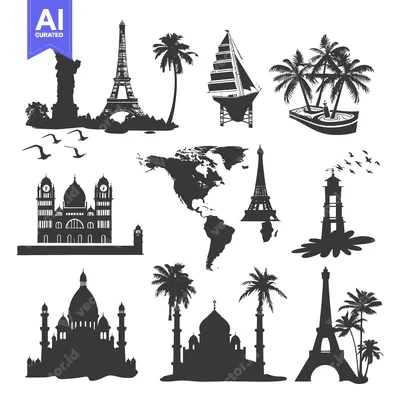 A Collection of Famous Landmarks and World Map in Silhouette