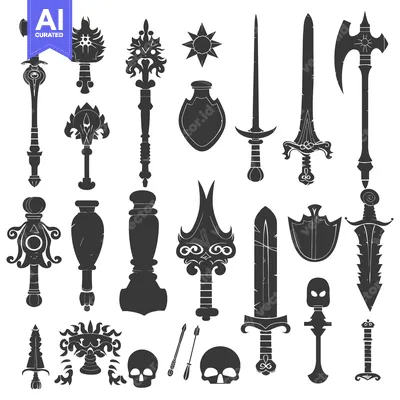 Aset desain premium: A Collection of Fantasy Weapons and Items in Silhouette