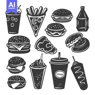 Aset desain premium: A Collection of Fast Food Icons in Black and White