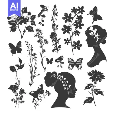 Popular premium asset: A Collection of Floral and Butterfly Silhouettes with Female Profiles