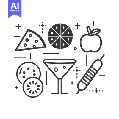 Aset premium populer: A Collection of Food and Drink Icons in Black and White