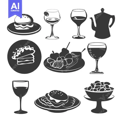 Aset premium populer: A Collection of Food and Drink Silhouettes in Black and White