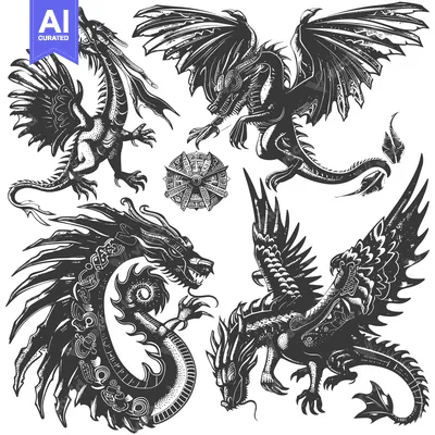Aset premium populer: A Collection of Four Stylized Dragons in Black and White