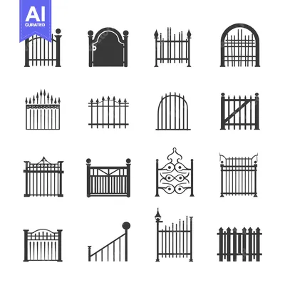 Aset desain premium: A Collection of Fourteen Black and White Gate Silhouettes
