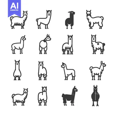 Aset premium populer: A Collection of Fourteen Llama Icons in Black and White