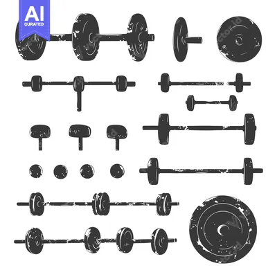 Aset desain premium: A Collection of Grunge-Style Weight Lifting Equipment Silhouettes