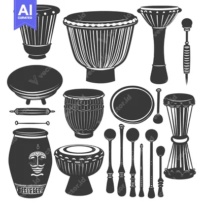 Aset premium populer: A Collection of Hand-Drawn African Drums and Percussion Instruments