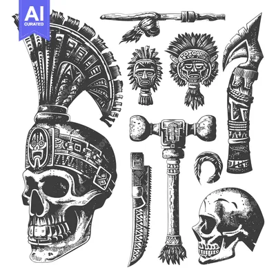 Popular premium asset: A Collection of Hand-Drawn Aztec-Inspired Skull and Weapon Designs