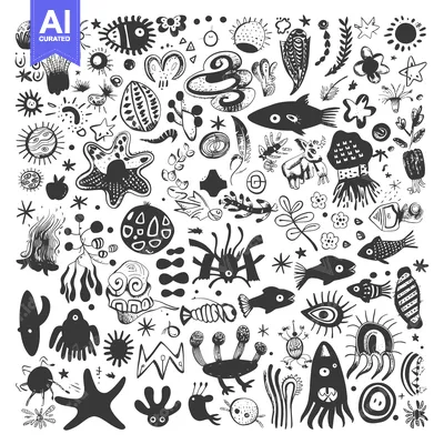 Aset desain premium: A Collection of Hand-Drawn Black and White Abstract Shapes and Creatur