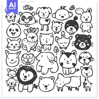 Aset premium populer: A collection of hand-drawn black and white animal illustrations.