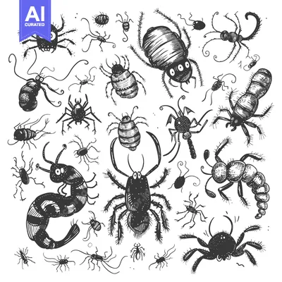 Aset desain premium: A Collection of Hand-Drawn Black and White Bug Illustrations