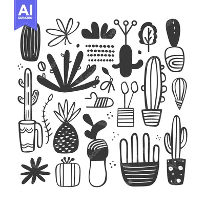 Aset desain premium: A Collection of Hand-Drawn Black and White Cactus and Plant Illustrati