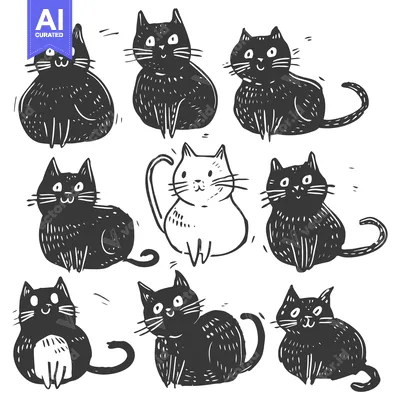Aset premium populer: A Collection of Hand-Drawn Black and White Cats with Different Poses a